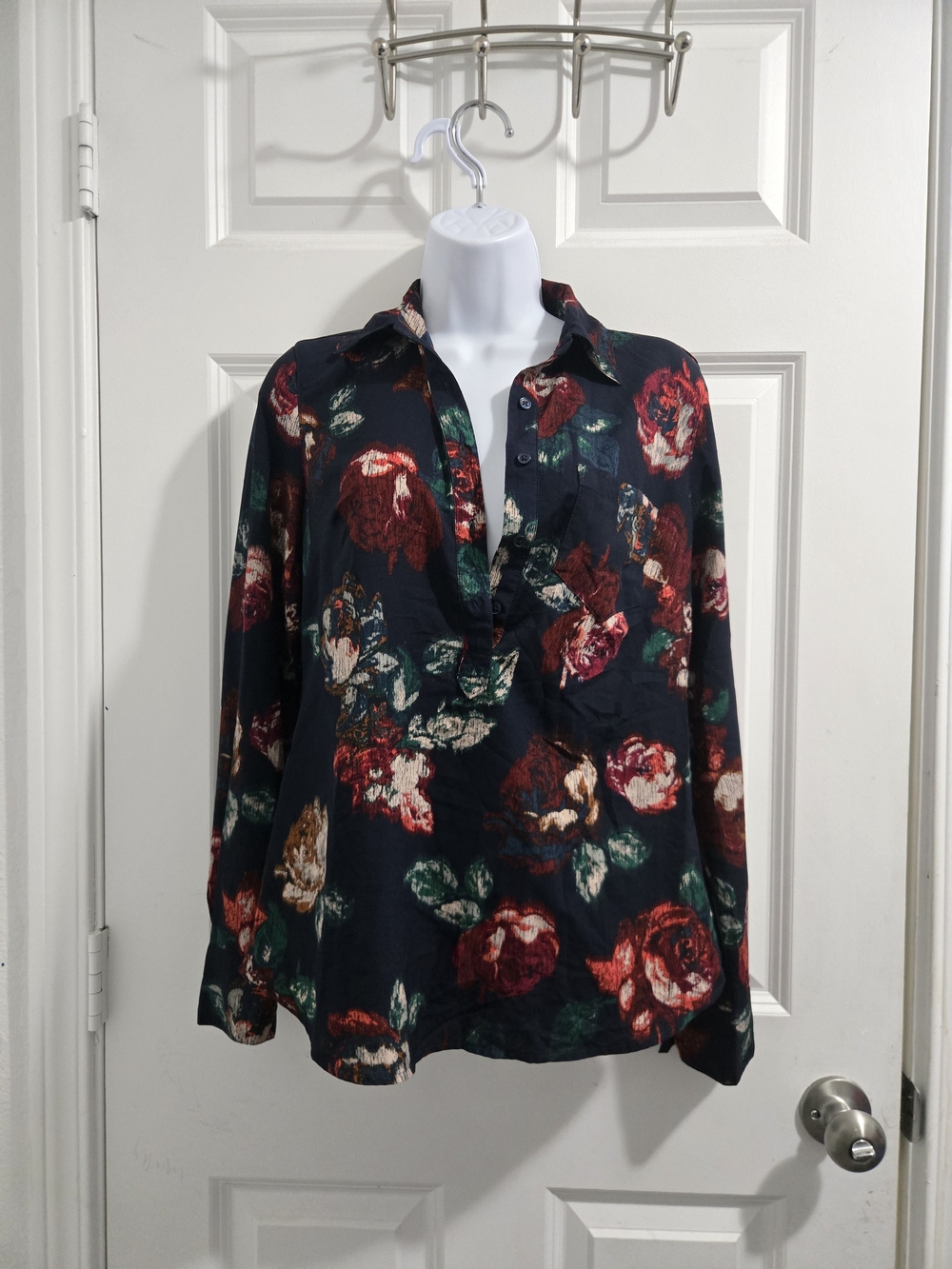 Merona Navy Button-Down Floral Shirt with Red and Green Accents